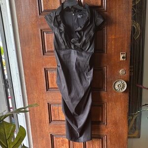 Xscape Black Satin Dress with Ruffled Collar